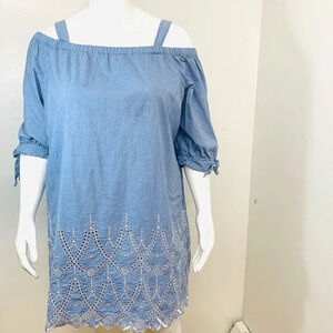 Eliza J Dress 18W Blue Eyelet Off Shoulder Knee Length Coastal Beach 100% Cotton